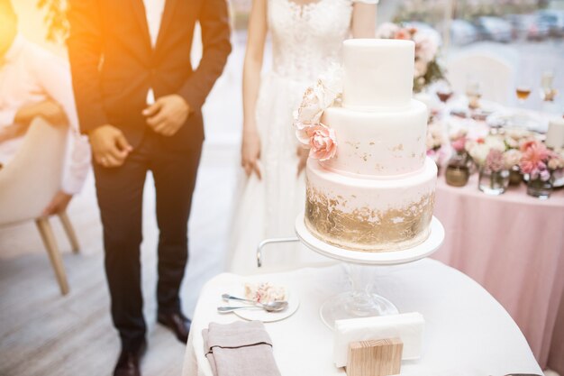 Pareja de boda cortando pastel de bodas