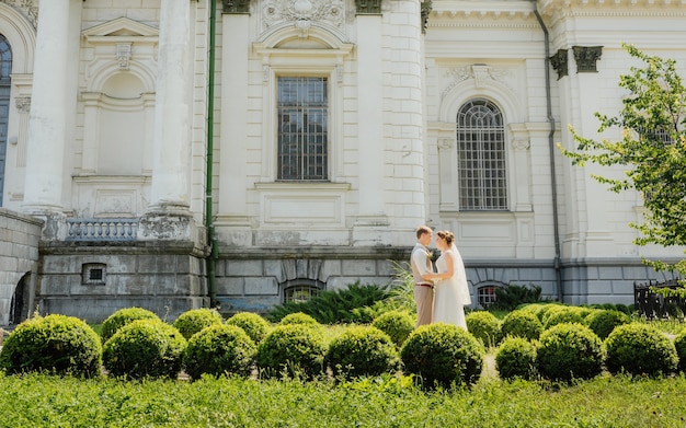 Pareja de boda. Hermosa pareja, la novia y el novio contra un castillo blanco