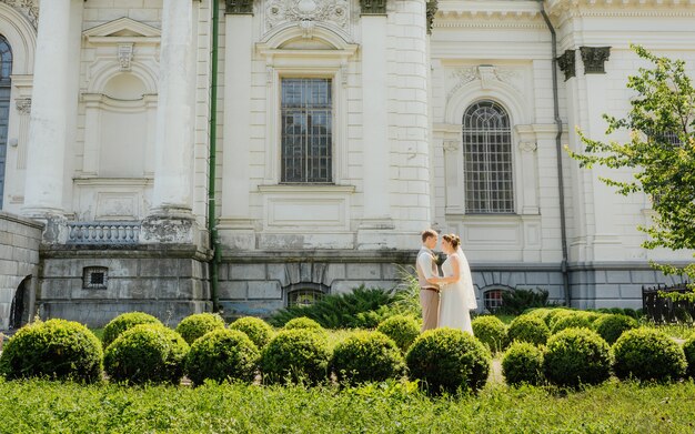 Pareja de boda. Hermosa pareja, la novia y el novio contra un castillo blanco