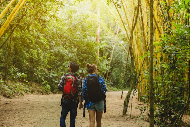 Pareja en bosque de bambú vista trasera