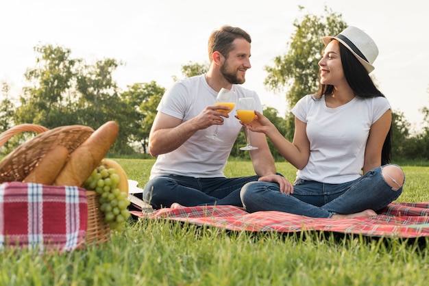 Foto gratuita pareja brindando sobre manta de picnic