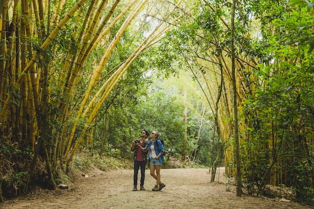 Pareja en camino en bosque de bambú