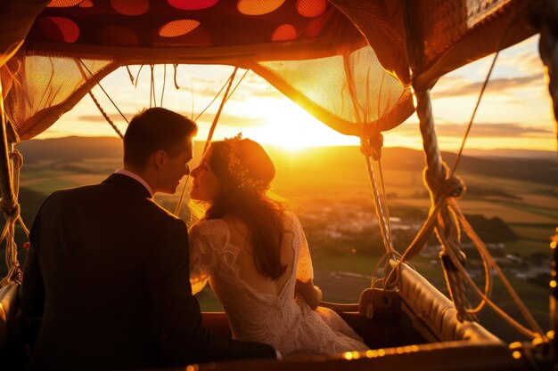 Pareja casándose en un globo de aire caliente