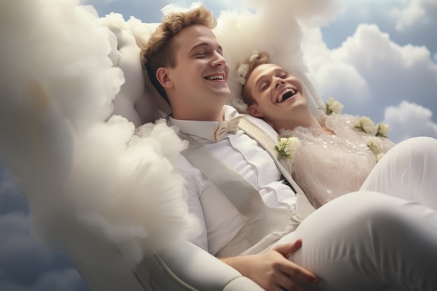 Foto gratuita pareja casándose en las nubes.