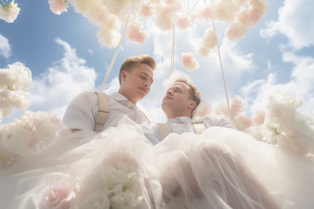 Pareja casándose en las nubes.