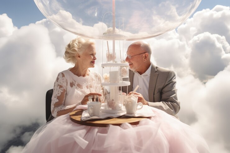 Una pareja casándose en las nubes.