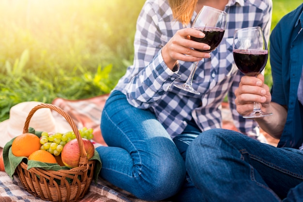 Pareja casual bebiendo vino tinto en picnic