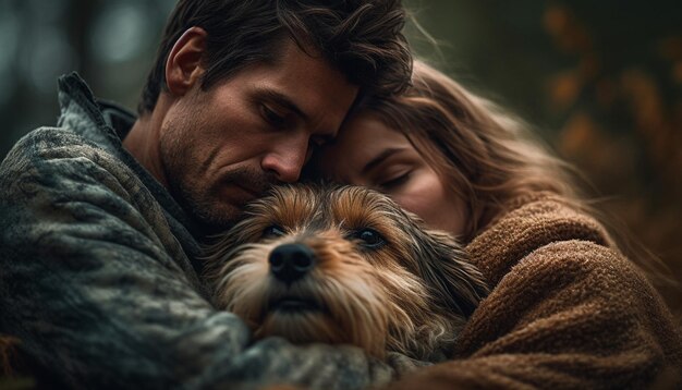 Foto gratuita pareja caucásica abrazando a un lindo cachorro en la naturaleza otoñal generada por ia