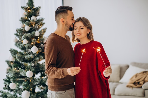 Pareja celebrando la Navidad juntos en casa