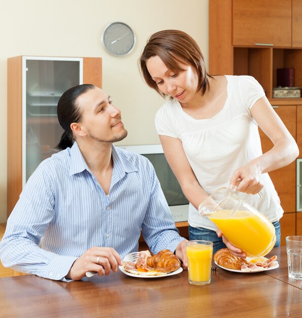 Pareja desayunando con croissants