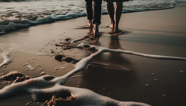 Pareja descalza caminando sobre arena mojada al atardecer generada por IA