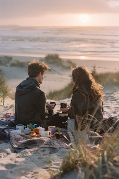 Foto gratuita una pareja disfrutando de un picnic al aire libre en verano