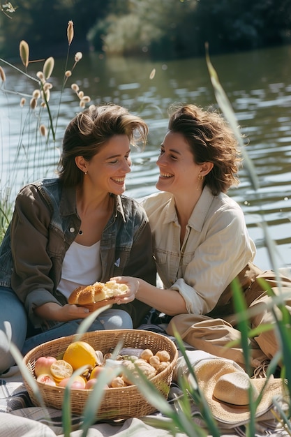 Foto gratuita una pareja disfrutando de un picnic al aire libre en verano