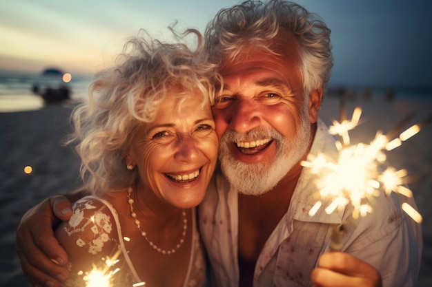 Una pareja de edad media celebra el año nuevo.