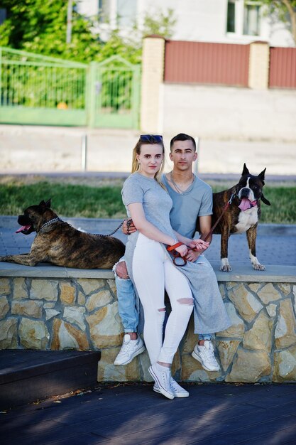 Pareja enamorada de dos perros pit bull terrier en un paseo