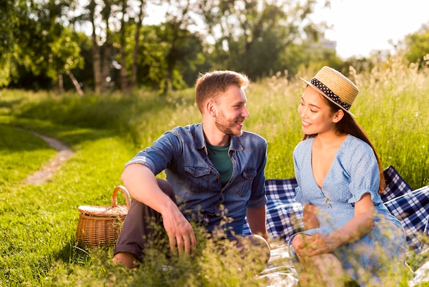 Pareja enamorada multirracial sentada en cuadros a cuadros en pradera cubierta de hierba