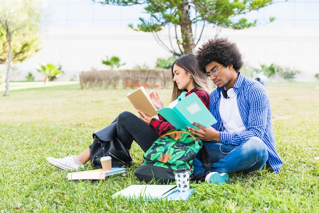 Pareja de estudiantes diversos sentados juntos en el césped leyendo el libro