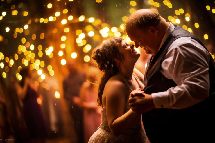 Una pareja de fantasía casándose con luces.