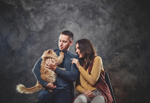 Foto gratuita una pareja feliz y atractiva está sentada en un estudio fotográfico con un gato de jengibre esponjoso.