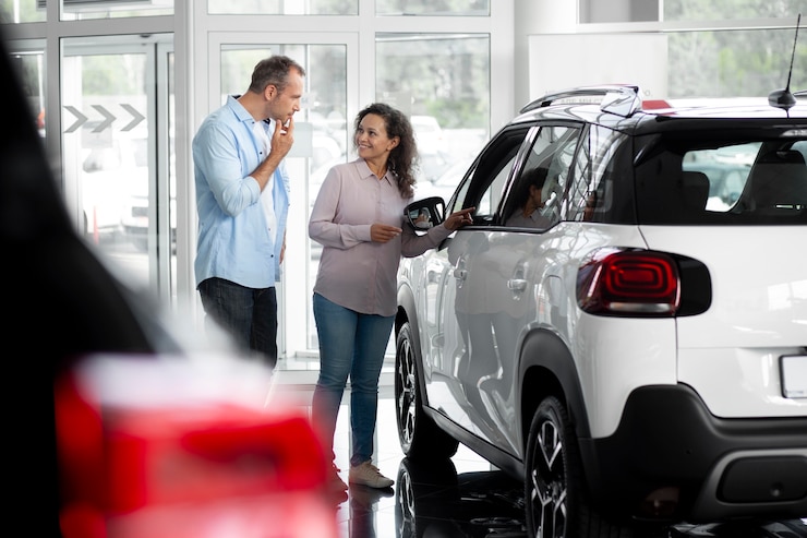 Foto gratuito pareja feliz en concesionario de sala de exposición de coches