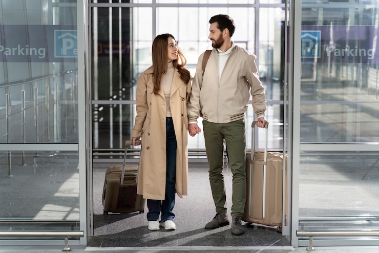 Foto gratuito pareja feliz de tiro completo viajando