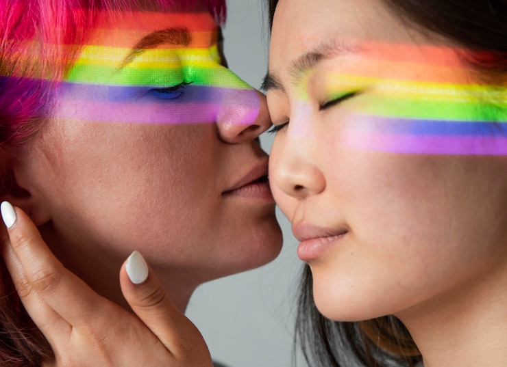 Foto gratuito pareja femenina con el símbolo del arco iris