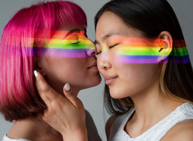 Foto gratuito pareja femenina con el símbolo del arco iris