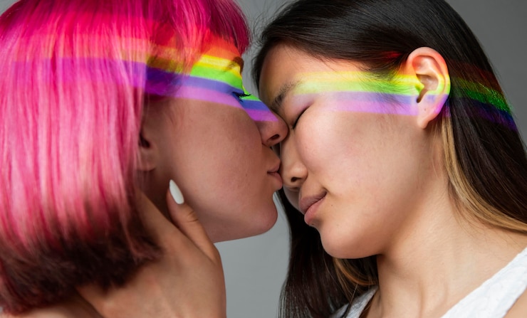 Foto gratuito pareja femenina con el símbolo del arco iris