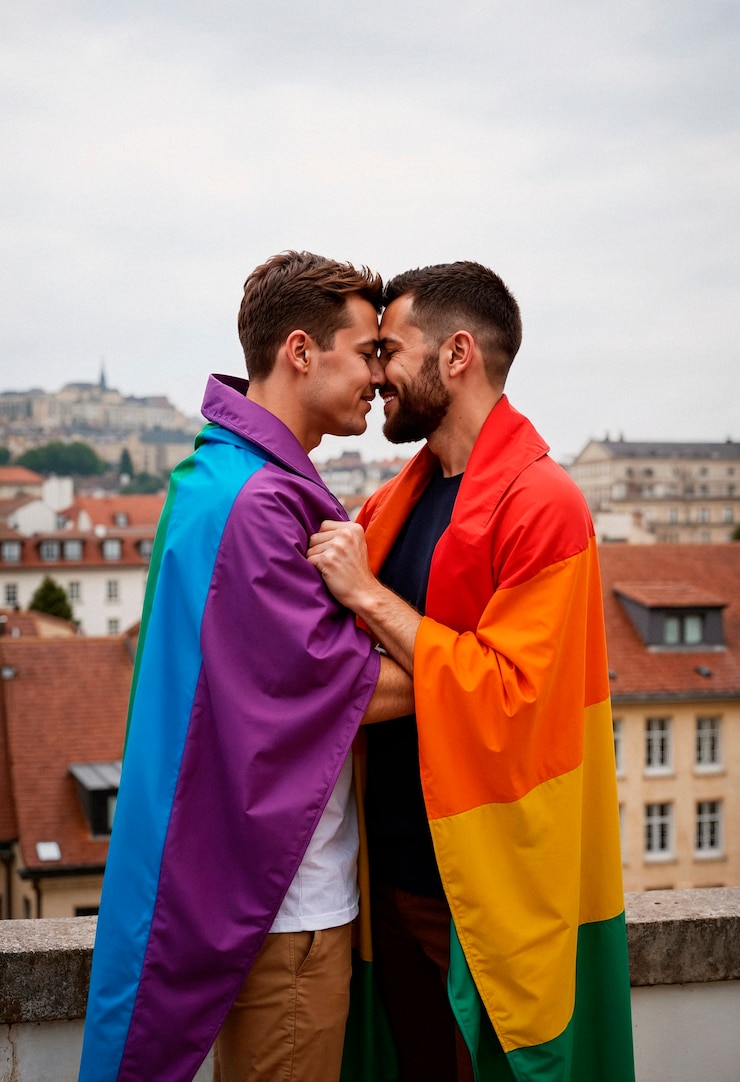 Foto gratuito una pareja gay abrazándose con banderas de orgullo