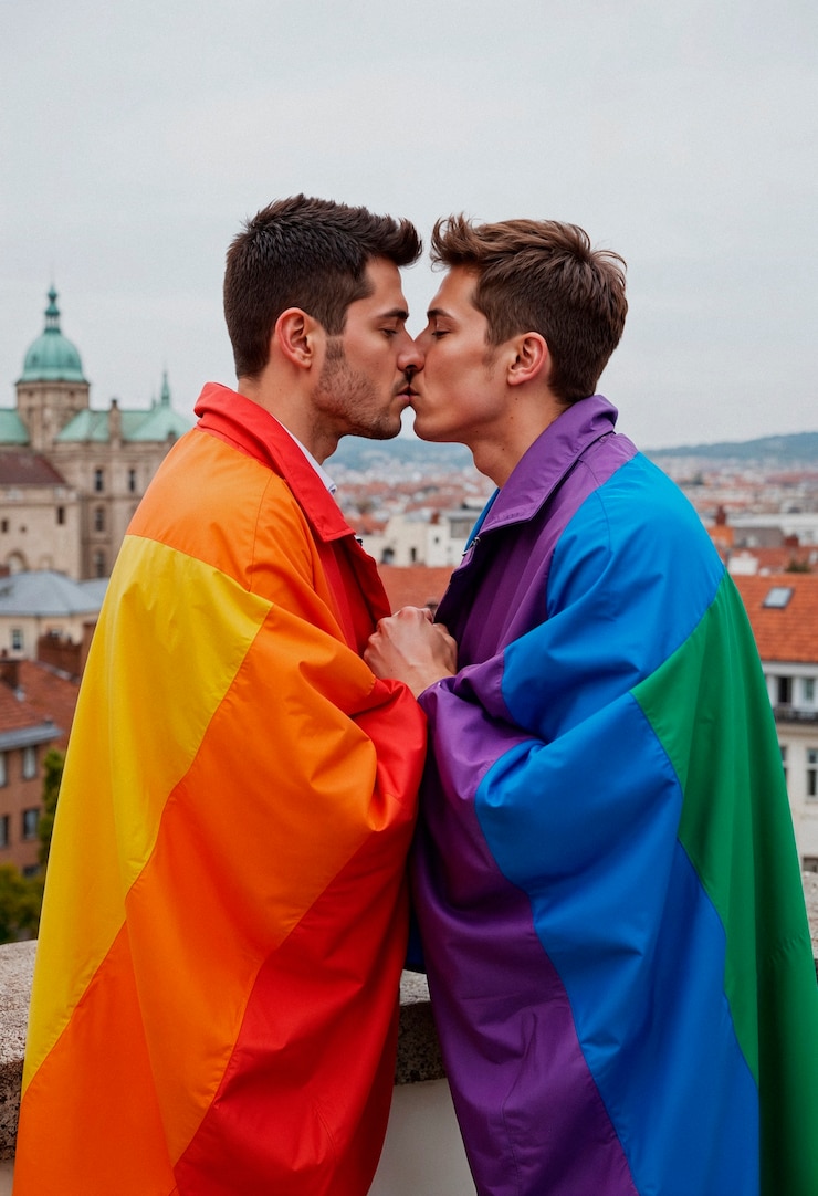 Foto gratuito una pareja gay abrazándose y besándose con la bandera del orgullo