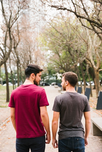 Pareja gay amorosa de pie en la pista en el parque