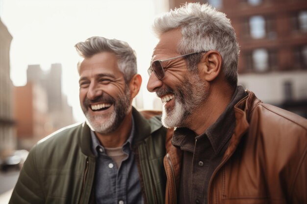 Foto gratuita pareja gay expresión feliz al aire libre en una ciudad ai generado