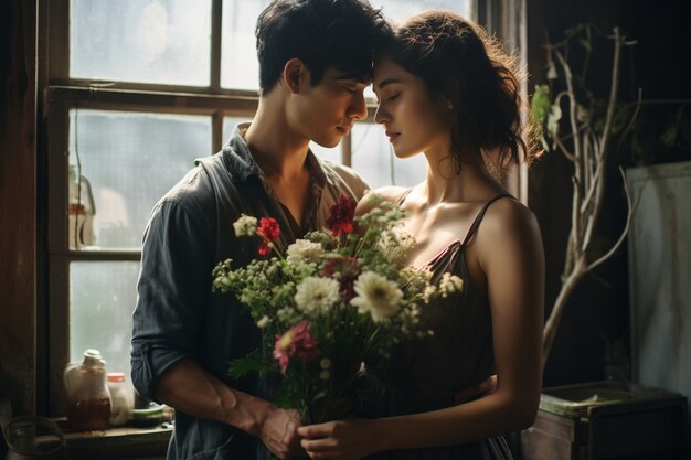 Una pareja con un hermoso ramo de flores