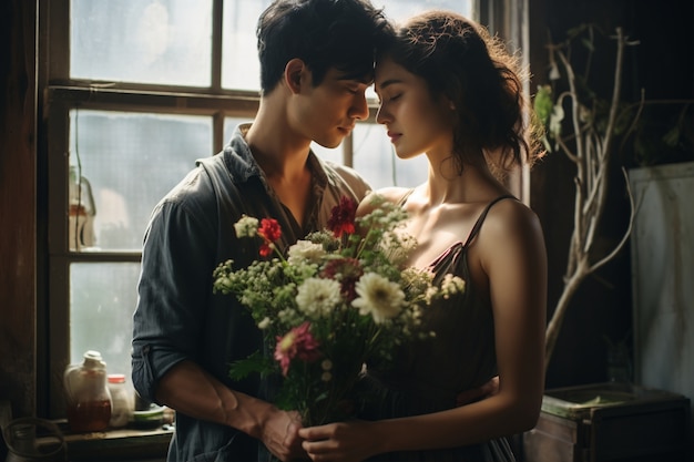 Una pareja con un hermoso ramo de flores