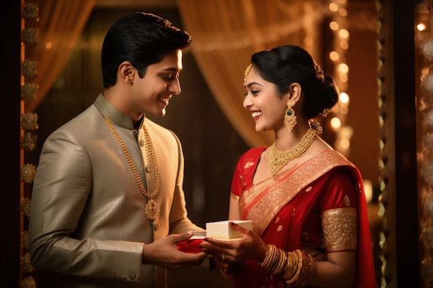 Una pareja india afectuosa celebra el día de la propuesta juntos.