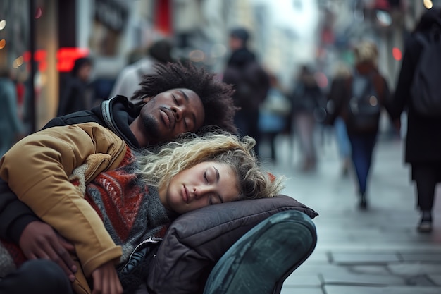 Foto gratuita una pareja interracial durmiendo en la calle.