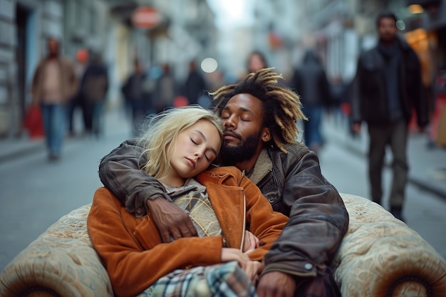 Foto gratuita una pareja interracial durmiendo en la calle.