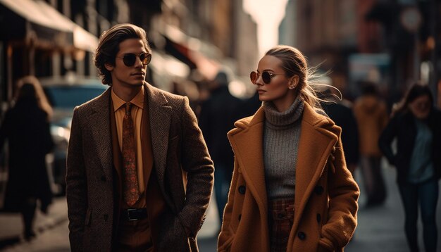 Pareja joven caminando por la ciudad elegancia de moda generada por IA