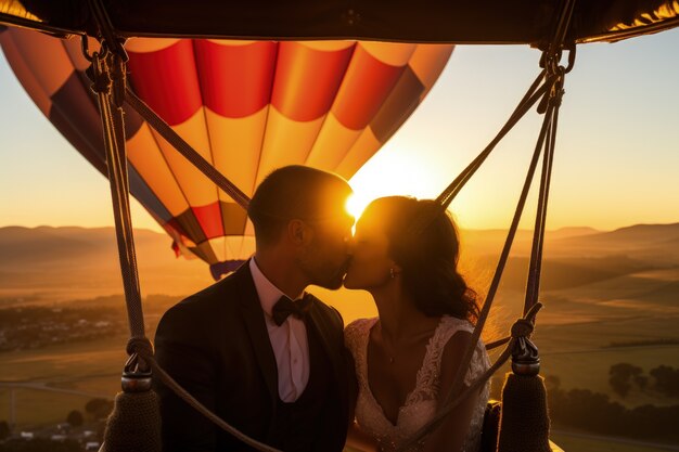 Pareja joven casándose en un globo de aire caliente