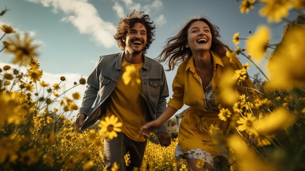 Foto gratuita pareja joven corriendo en el campo de flores