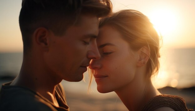 Pareja joven disfrutando del atardecer de verano abrazando el amor generado por IA