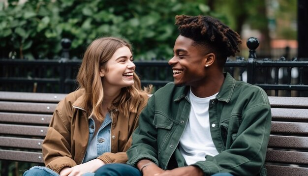 Pareja joven disfrutando de la naturaleza riendo en un banco generado por IA