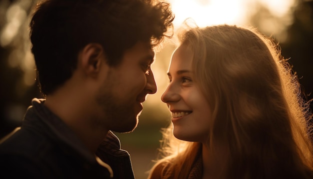 Pareja joven disfrutando de la puesta de sol sonriendo y abrazándose generado por IA