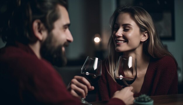 Pareja joven disfrutando del vino y la unión en el interior generada por IA