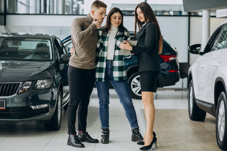 Foto gratuito una pareja joven eligiendo un coche en una sala de exposiciones de automóviles