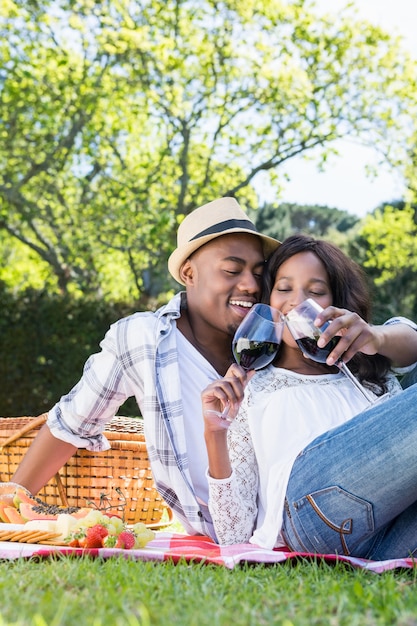 Pareja joven haciendo un picnic en el parque