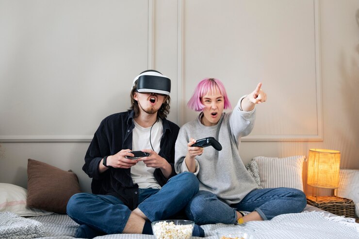 Foto gratuito pareja joven jugando un juego de realidad virtual