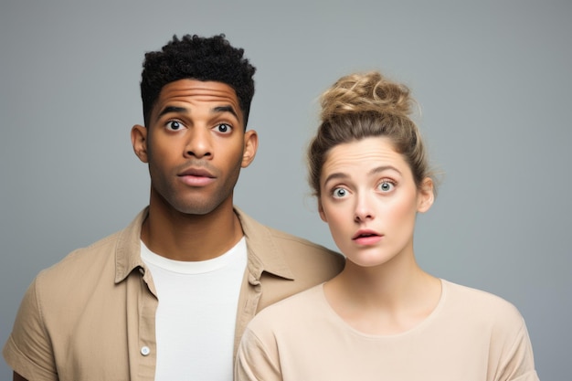 pareja joven mirando y de pie postura contra el fondo de la pared ai generado