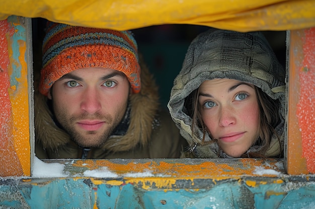 Foto gratuita una pareja joven mirando por la ventana.