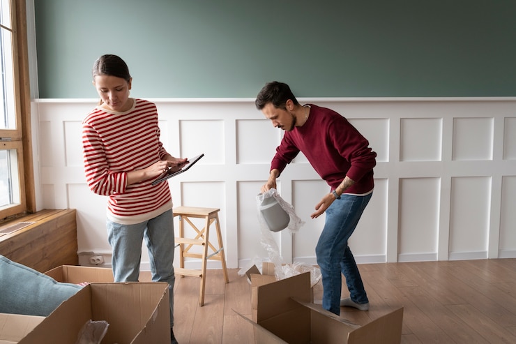 Foto gratuito pareja joven mudándose a una nueva casa